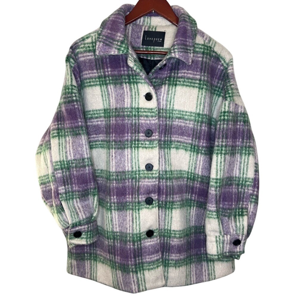 Lovepoem by Block Purple Green Plaid Shacket Oversized Button Front Jacket Small